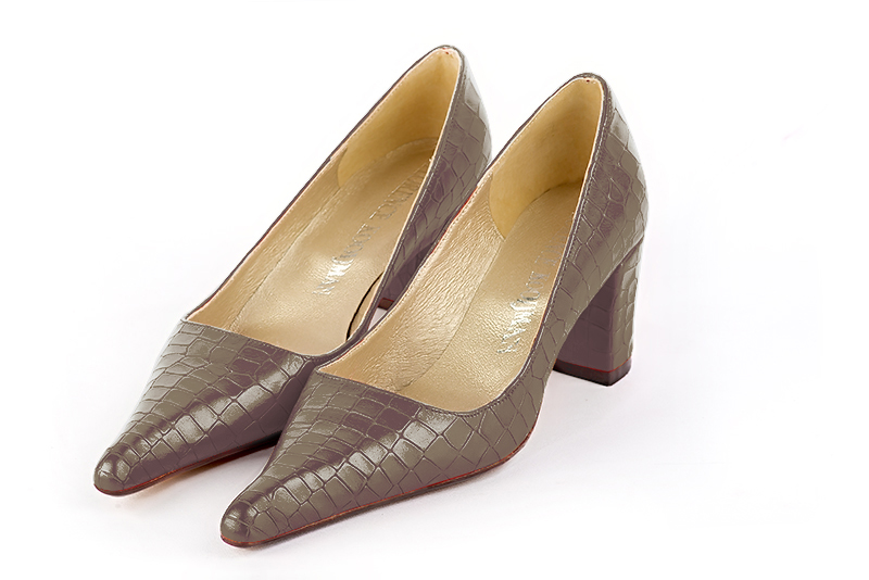 Bronze beige women's dress pumps,with a square neckline. Pointed toe. Medium block heels. Front view - Florence KOOIJMAN